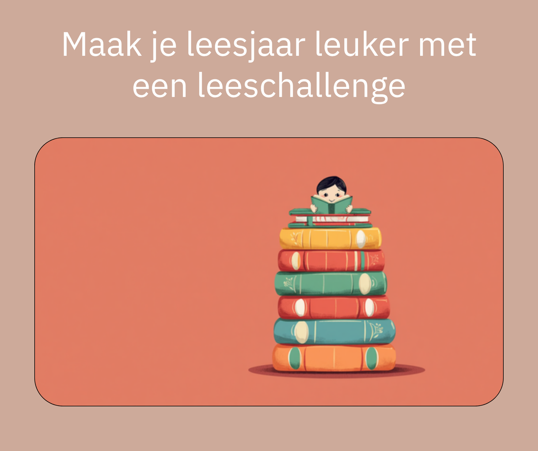 Maak je leesjaar leuker met een leeschallenge, illustratie van een kind bovenop een stapel boeken