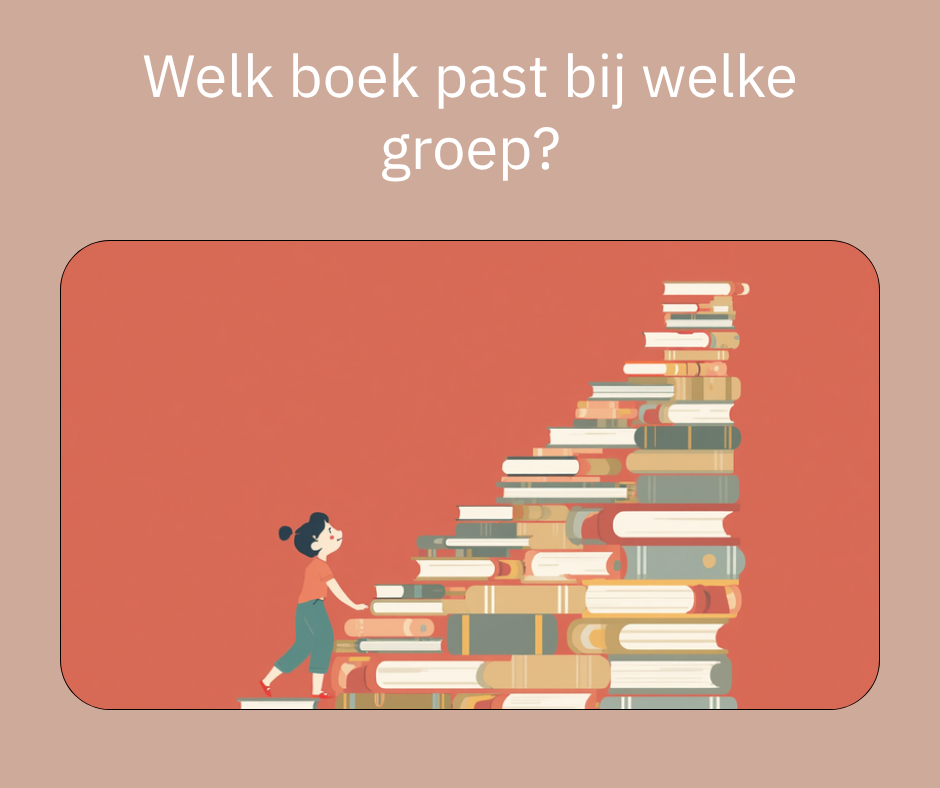 Welk boek past bij welke groep, illustratie van een trap van boeken waar een kind op klimt