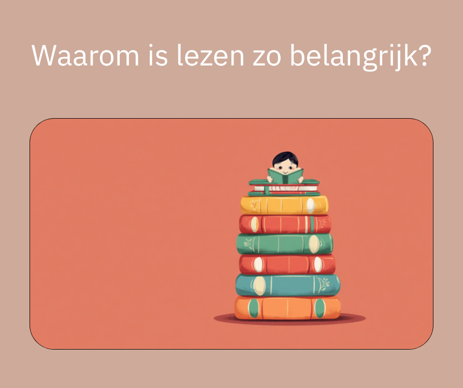 Waarom is lezen zo belangrijk, illustratie met stapel boeken op terracotta achtergrond