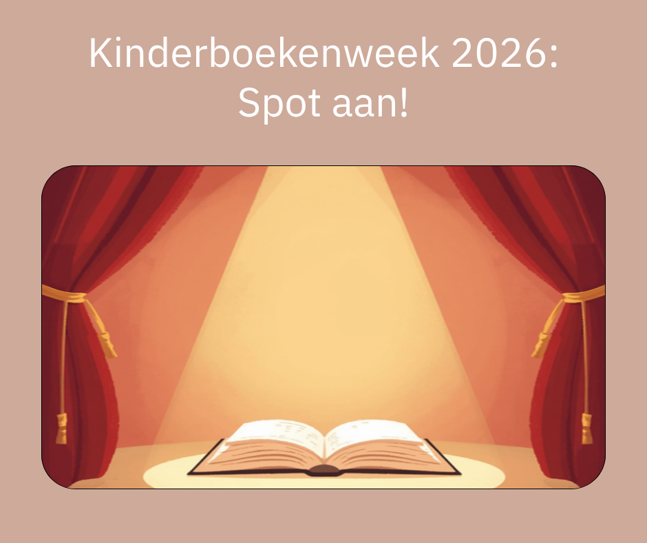 Kinderboekenweek 2026 Spot aan, illustratie van een boek in de spotlight op een theaterpodium