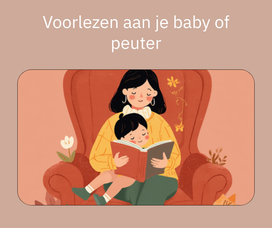 Voorlezen aan je baby of peuter, illustratie van een ouder die een peuter voorleest in een fauteuil