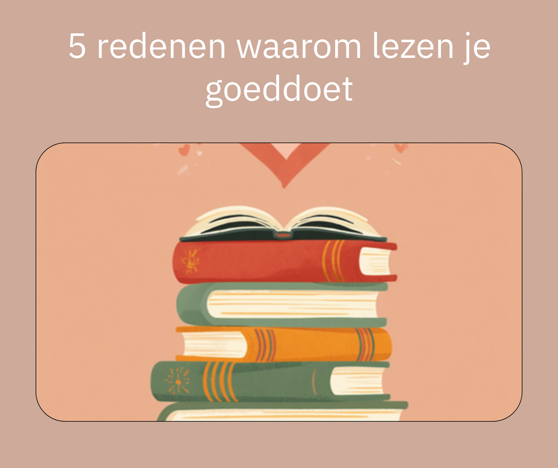 5 redenen waarom lezen je goeddoet, illustratie van een stapel boeken met een hartje