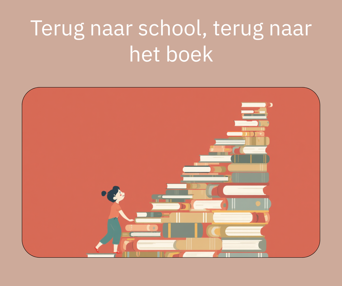 Terug naar school, terug naar het boek, illustratie van een meisje dat een trap van boeken beklimt