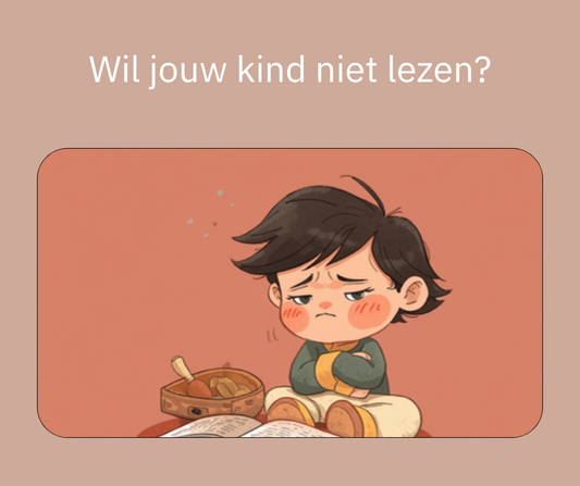 Wil jouw kind niet lezen, illustratie van een kind dat chagrijnig naast een dichtgeslagen boek zit