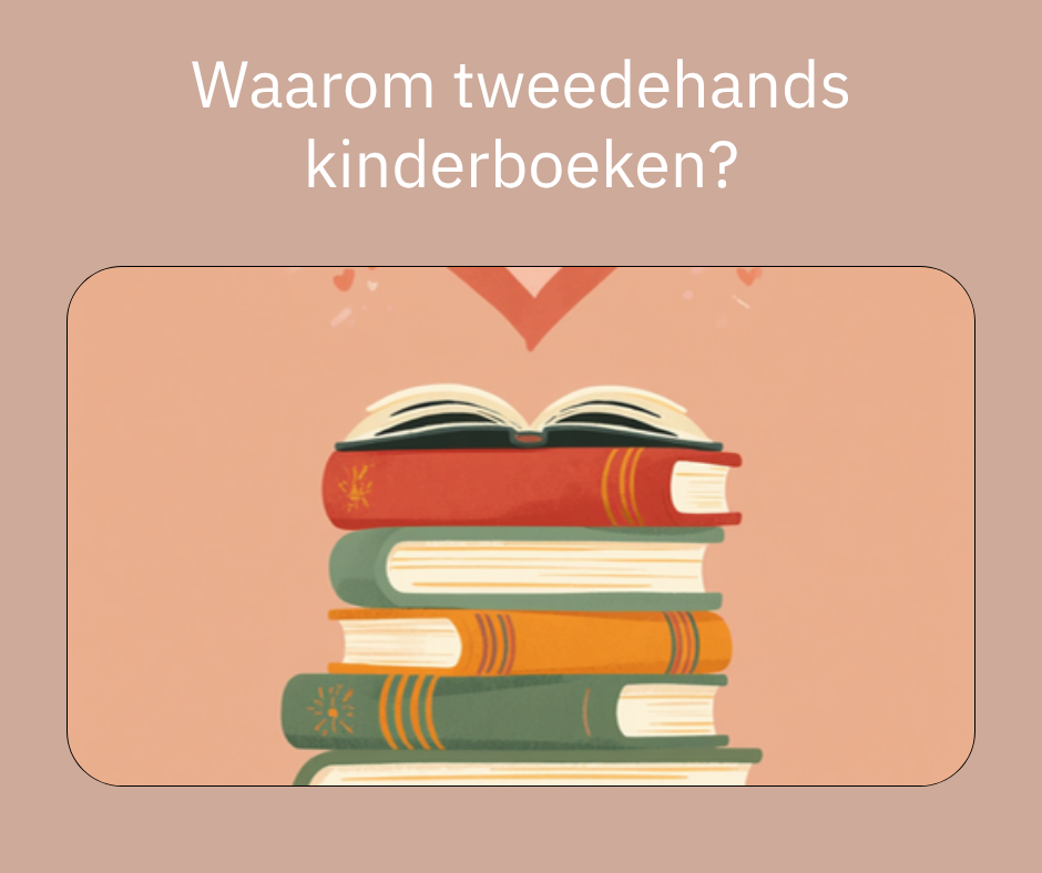 Waarom tweedehands kinderboeken, illustratie van een stapeltje kinderboeken met een hartje erboven
