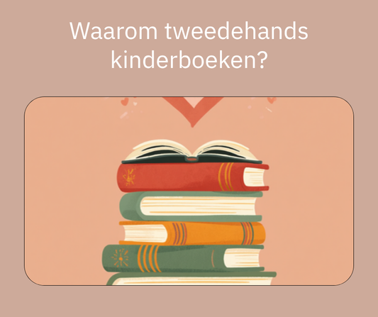 Waarom tweedehands kinderboeken, illustratie van een stapeltje kinderboeken met een hartje erboven