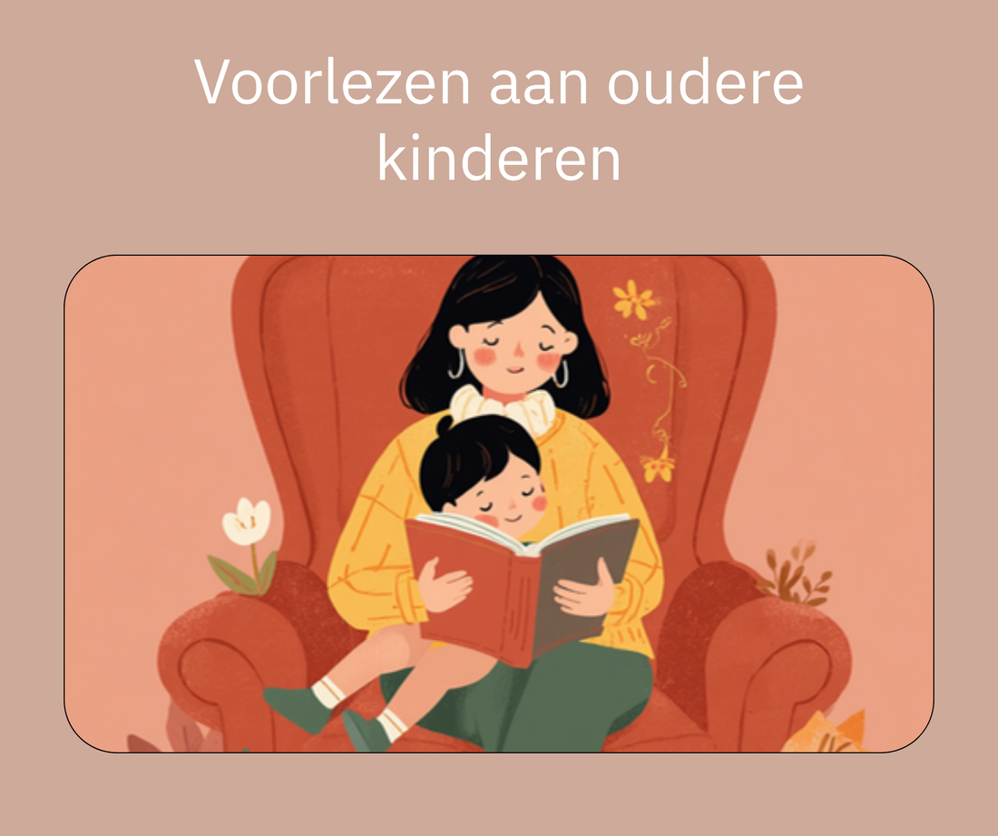 Voorlezen aan oudere kinderen, illustratie van een ouder die voorleest in een fauteuil