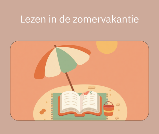 Lezen in de zomervakantie, illustratie van een boek op een strandlaken met parasol en zon