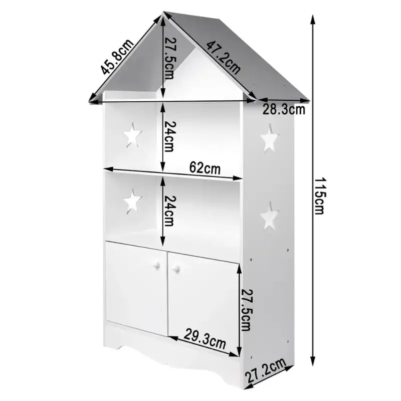 BukkitBow - Kinderboekenkast - 3 Planken en Opslagkast in Huis Vorm - Wit met Grijs - 62x115x27cm