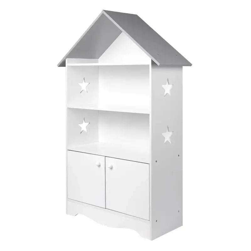 BukkitBow - Kinderboekenkast - 3 Planken en Opslagkast in Huis Vorm - Wit met Grijs - 62x115x27cm
