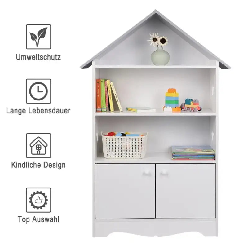 BukkitBow - Kinderboekenkast - 3 Planken en Opslagkast in Huis Vorm - Wit met Grijs - 62x115x27cm