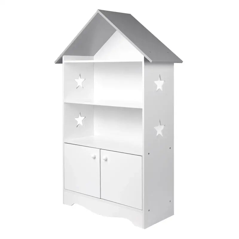 BukkitBow - Kinderboekenkast - 3 Planken en Opslagkast in Huis Vorm - Wit met Grijs - 62x115x27cm