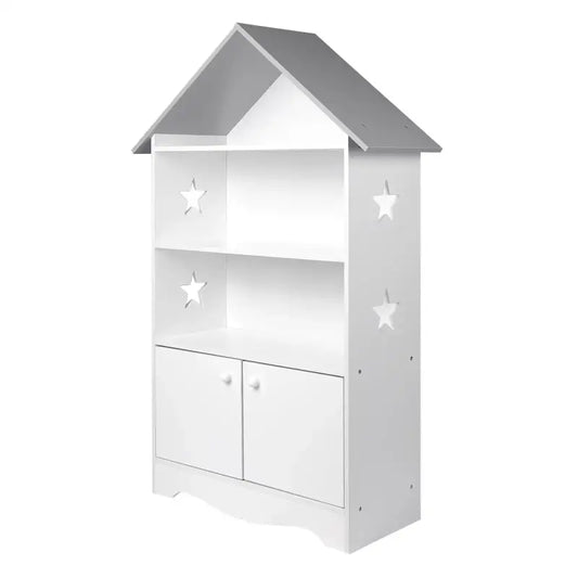 BukkitBow - Kinderboekenkast - 3 Planken en Opslagkast in Huis Vorm - Wit met Grijs - 62x115x27cm